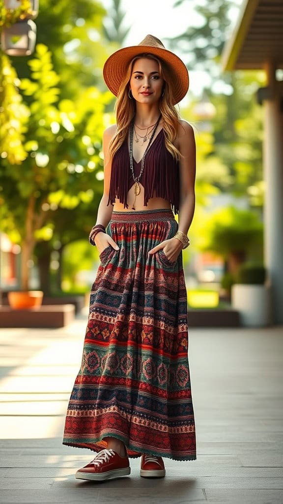 A woman wearing a boho outfit with a flowy maxi skirt, fringe top, and a wide-brimmed hat, standing outdoors.