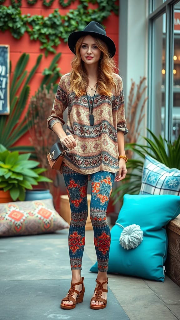 A woman in a flowy tunic and patterned leggings with sandals, exuding boho vibes