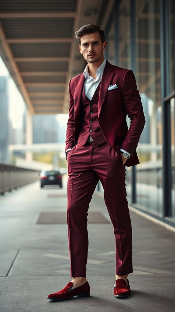 A man in a burgundy suit with a white shirt and velvet loafers standing confidently outdoors.