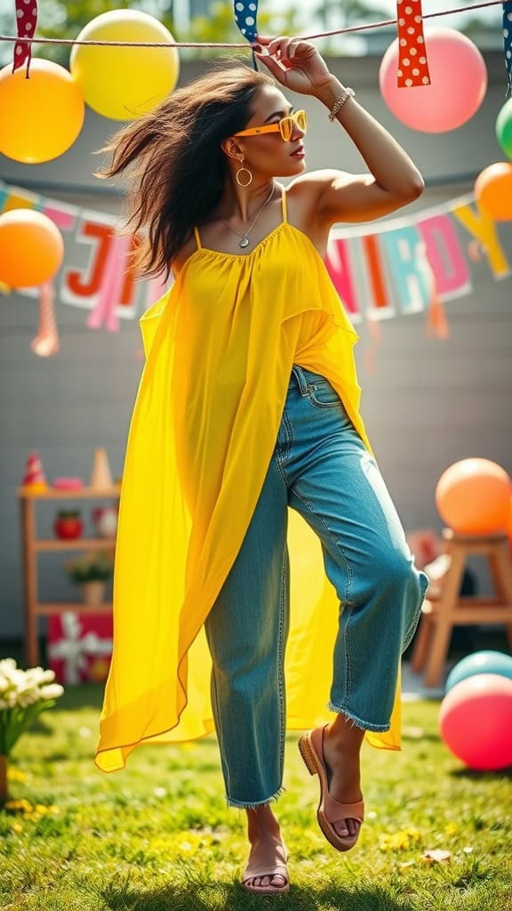 A woman in a bright yellow sundress and sunglasses, dancing at a birthday party with colorful balloons in the background.