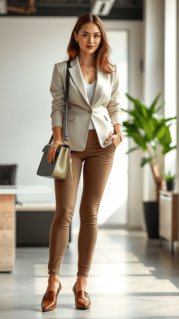 A woman in a beige blazer, gray sweater, and neutral leggings, wearing loafers and sunglasses, standing confidently in a modern office setting.