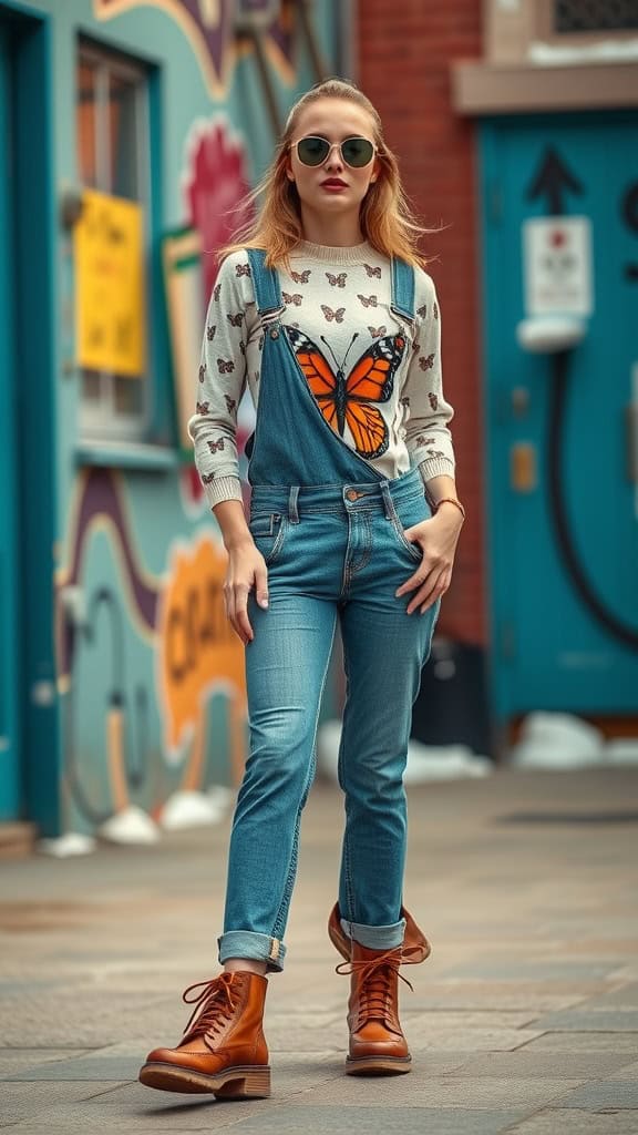 A woman wearing a butterfly print top with denim overalls and retro sunglasses, showcasing a Y2K style.