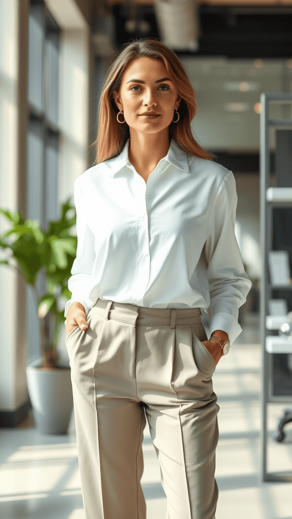 A woman in a crisp white button-up blouse and beige straight-leg trousers, standing confidently in a modern office environment.