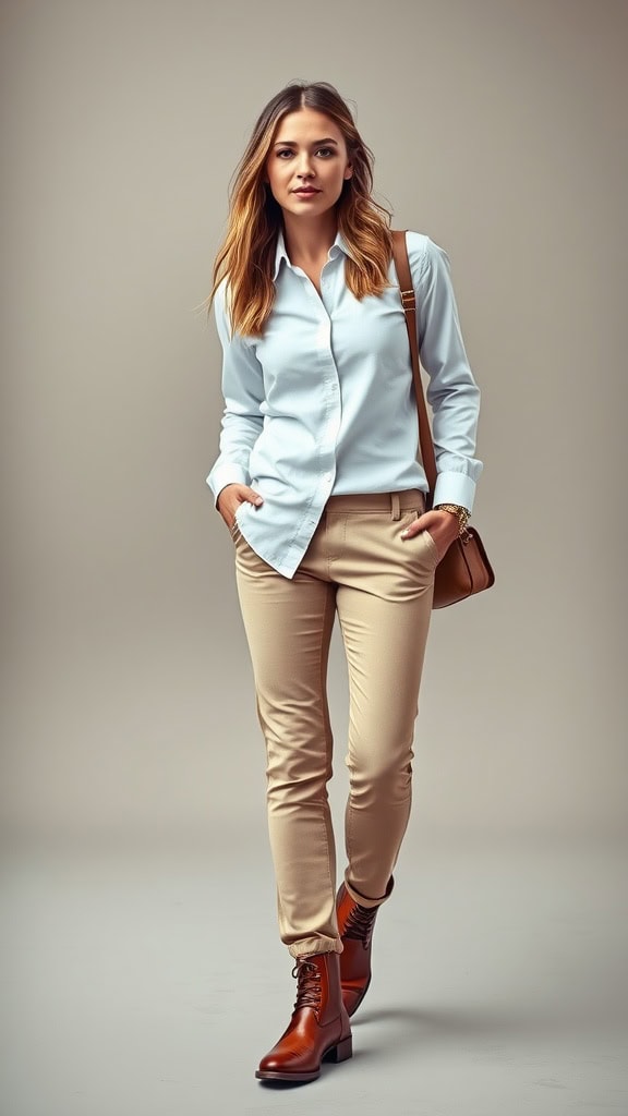 A woman wearing a light blue button-up shirt and beige chinos, accompanied by brown leather boots, standing confidently.