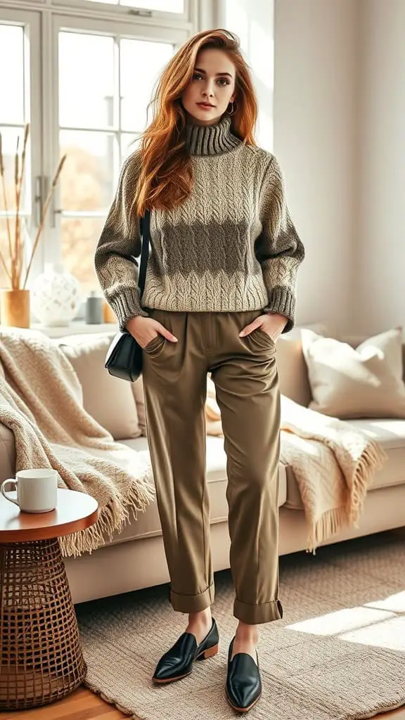 A woman wearing a cable knit sweater and relaxed trousers, showcasing a comfy winter outfit.