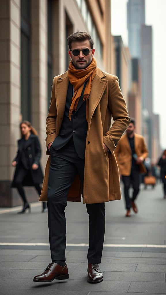 A man in a black suit layered with a camel overcoat and scarf, standing confidently on a city street.