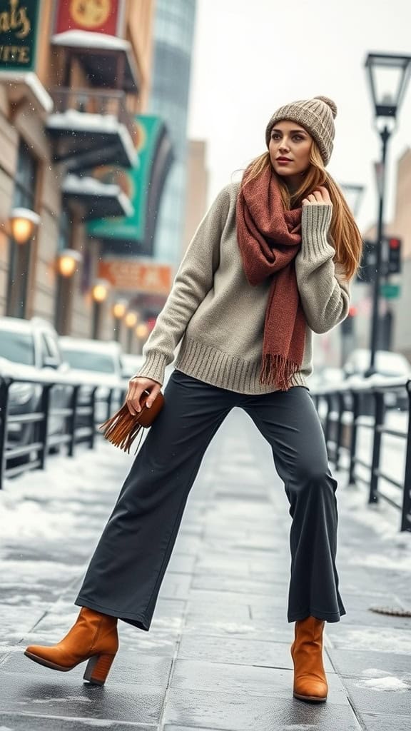 A woman wearing a cozy cashmere sweater and wide-leg pants, accessorized with a scarf and hat, standing in a snowy urban environment.