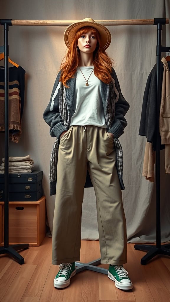 A mannequin styled in a casual outfit featuring wide-leg trousers, a longline cardigan, a relaxed tee, and green sneakers.