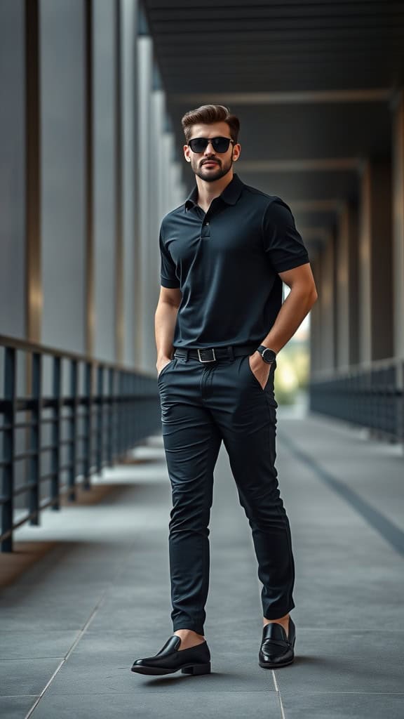 Man wearing a black polo shirt, dark chinos, and loafers, standing confidently in an urban setting.