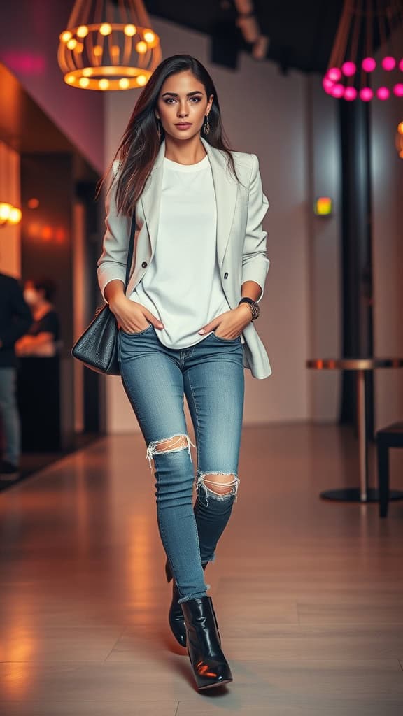 A model showcasing a casual chic outfit featuring ripped jeans, a white tee, a tailored blazer, and ankle boots, set in a stylish environment.