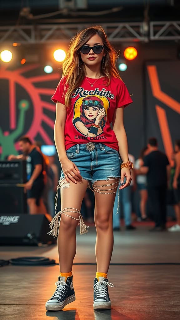 A stylish woman wearing a graphic tee, denim shorts, and sneakers at a concert.