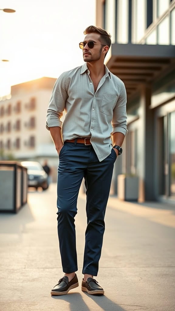 A man wearing a beige linen shirt and navy chinos with espadrilles, standing confidently in an urban setting.