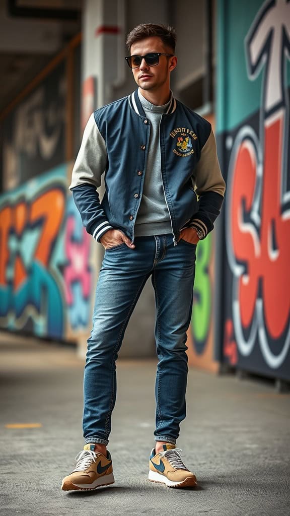 A young man wearing a varsity jacket, slim jeans, and retro sneakers, posing in front of a colorful graffiti wall.