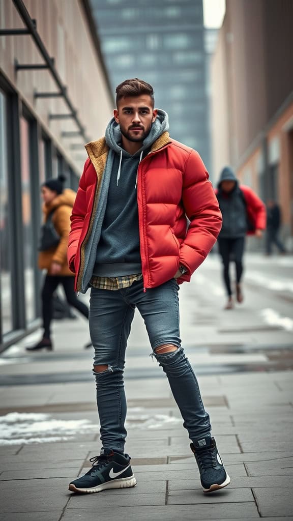 A man wearing a red puffer jacket over a gray hoodie, distressed jeans, and chunky sneakers, posing in an urban setting.