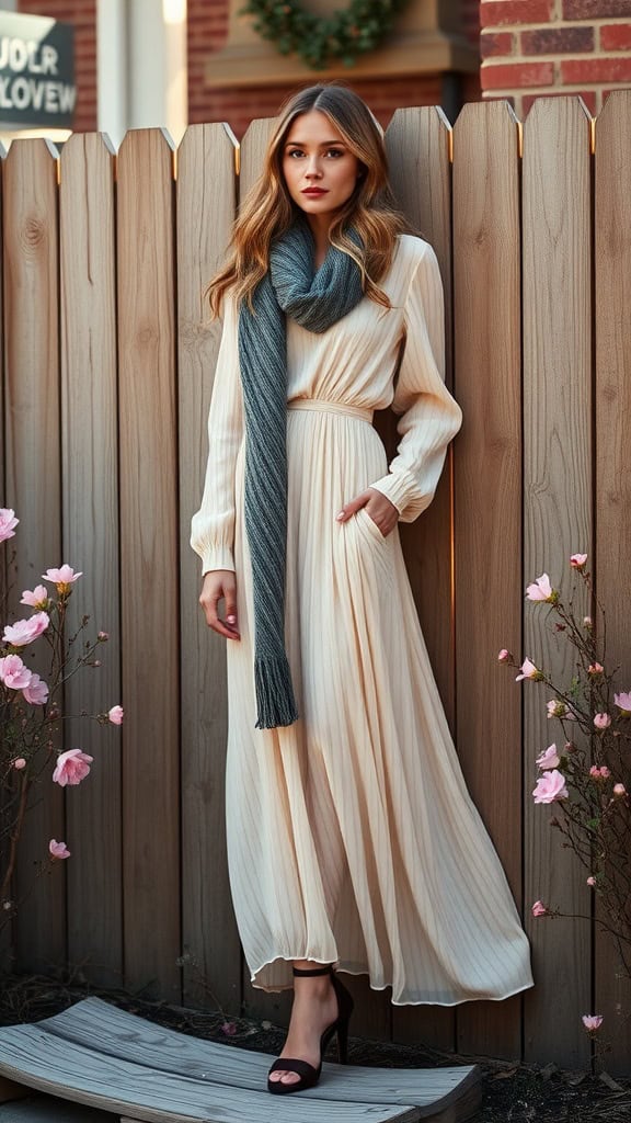 A woman wearing a lightweight, flowing summer maxi dress with a scarf, standing elegantly against a wooden fence.