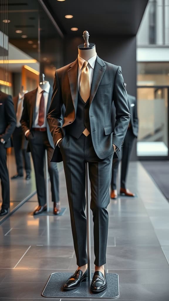 A charcoal suit displayed with a pastel tie and leather loafers in a modern boutique setting.