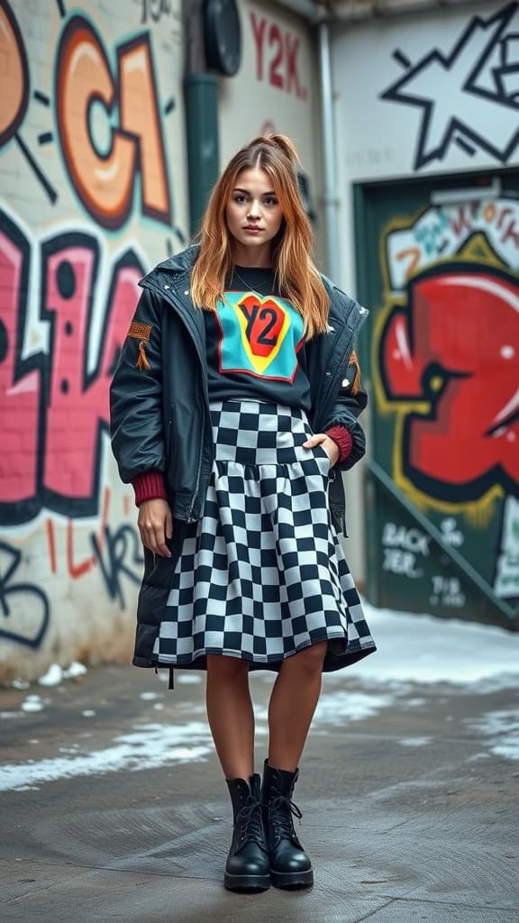 A person wearing a checkerboard skirt, graphic tee, and combat boots against a colorful graffiti backdrop.