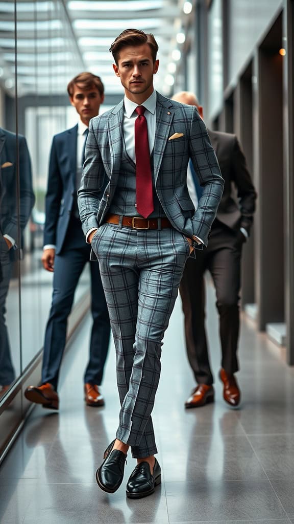 A stylish man wearing a subtle checkered suit with a burgundy tie and leather belt, showcasing a modern men's fashion aesthetic.