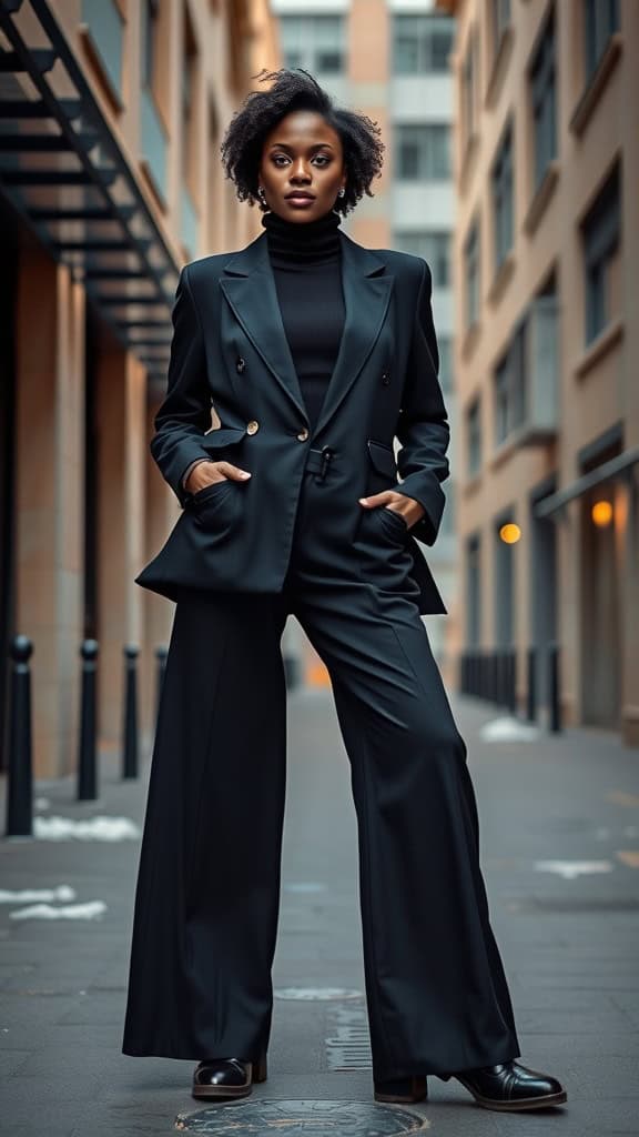 A stylish black woman wearing a tailored blazer with wide-leg pants, posing confidently in an urban setting.