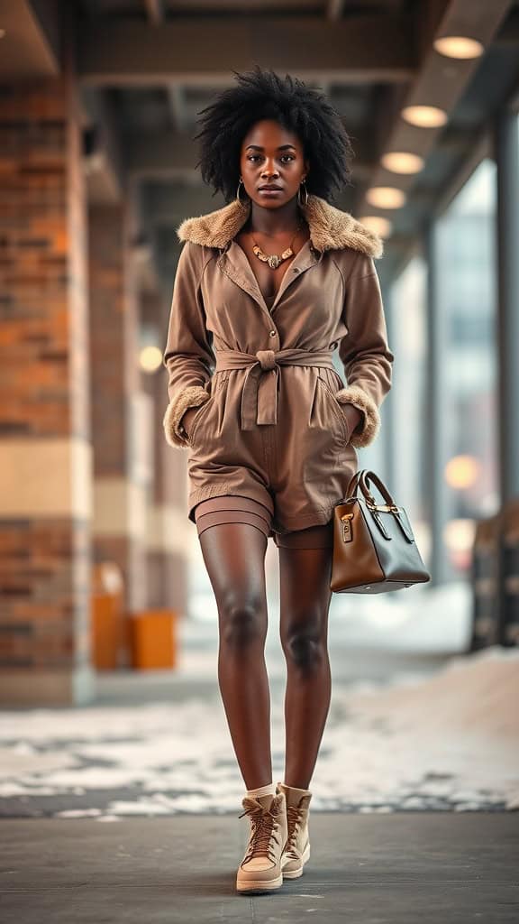 A black woman wearing a chic neutral-toned romper with a faux fur collar, accessorized with a stylish necklace and handbag, standing in a modern urban setting.