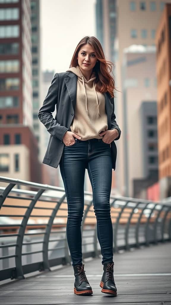 A woman wearing a neutral hoodie with a tailored blazer and skinny jeans, walking in an urban setting.