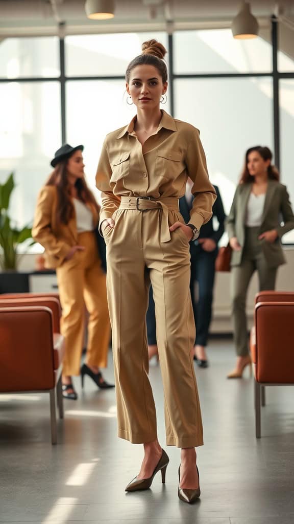 A woman in a tailored beige jumpsuit with a belt, standing confidently with a professional setting in the background.