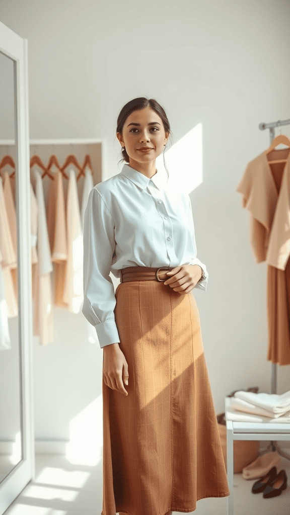 Chic modest church outfit featuring a stylish blouse and midi skirt