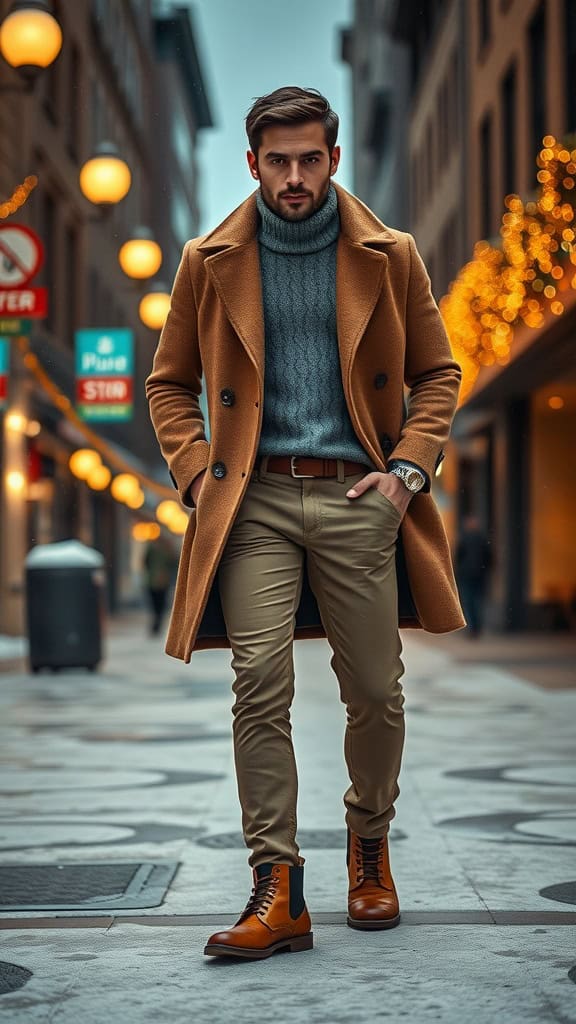 A man wearing a stylish winter outfit with a double-breasted coat, knit polo, chinos, and suede boots.