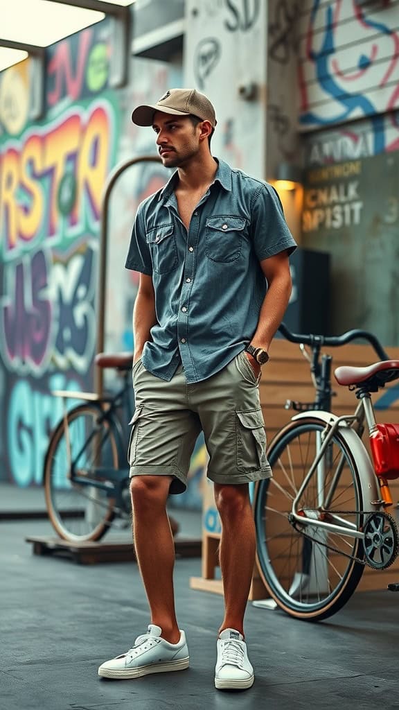 A man in a short-sleeve button-up shirt and chino shorts, standing casually with a bike in a graffiti-decorated area.