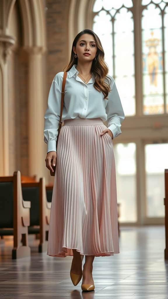 A woman in a high-waisted pleated skirt and a simple blouse walking in a church.