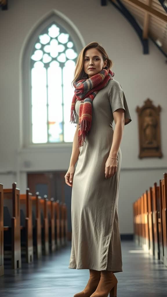 A woman in a simple long dress with a colorful scarf in a church setting