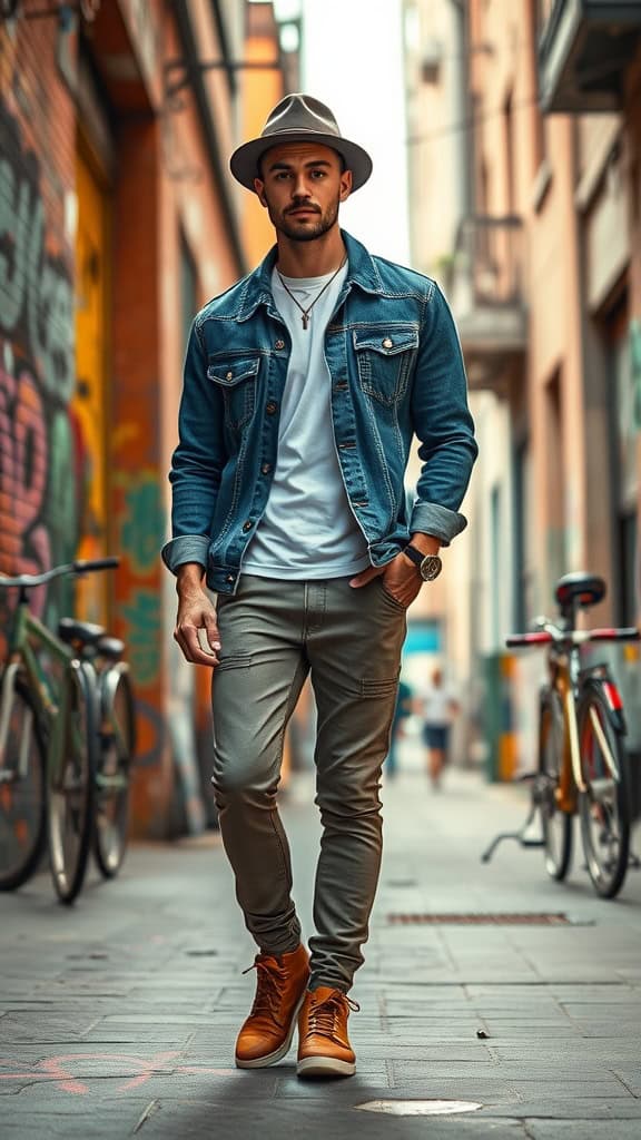 Man wearing a denim jacket, white tee, and brown boots standing in a street with bicycles.