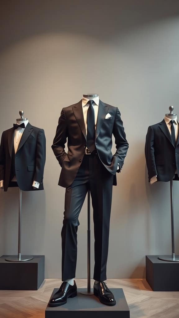 A mannequin dressed in a classic black suit, white shirt, and polished black derby shoes, surrounded by similar suits.