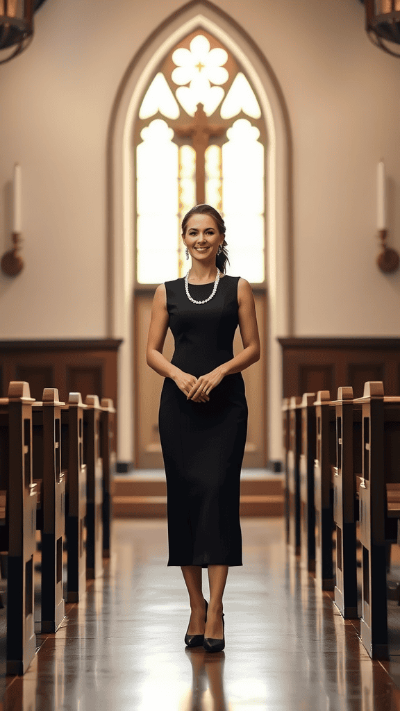 A model wearing a classic long black church dress with a pearl necklace and high heels, standing in a stylish interior.