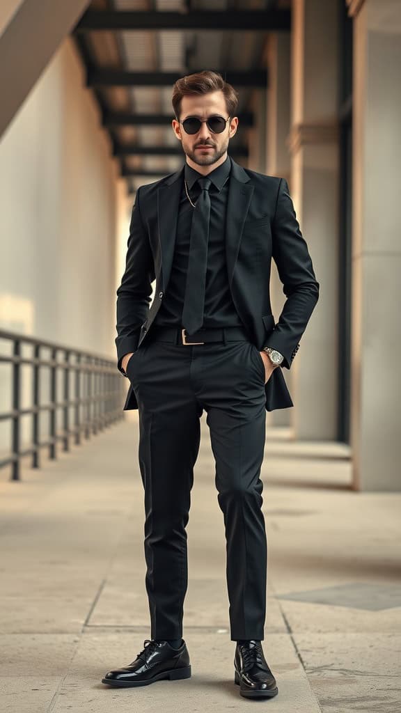 A man in a classic black suit with a skinny tie, standing confidently.