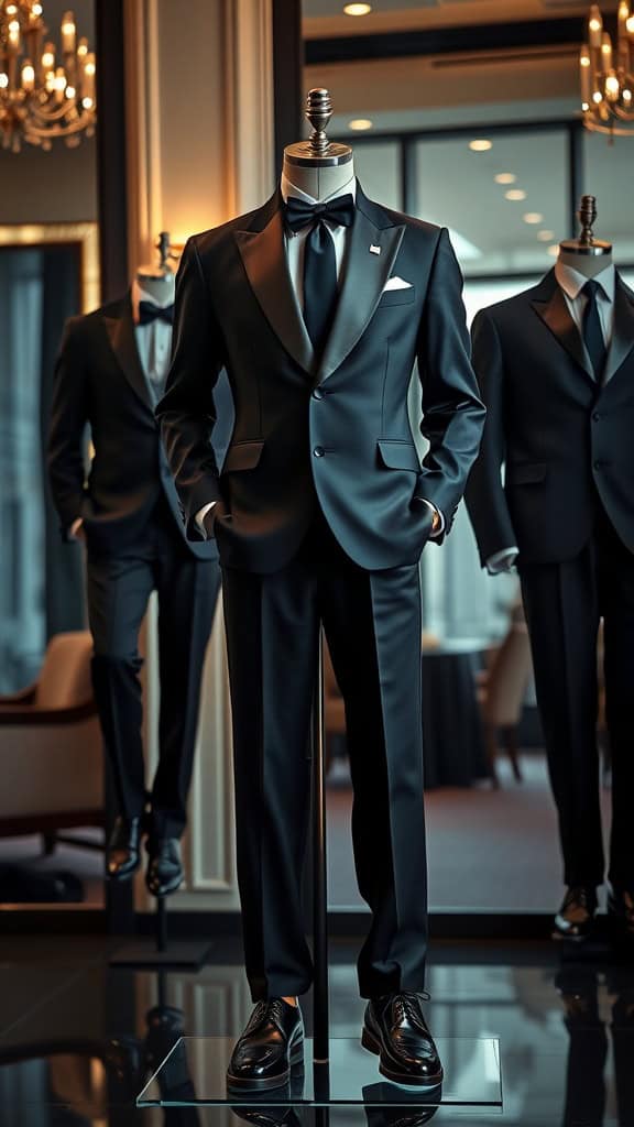 A classic black tuxedo with satin lapels displayed on a mannequin, accompanied by polished Oxford shoes.