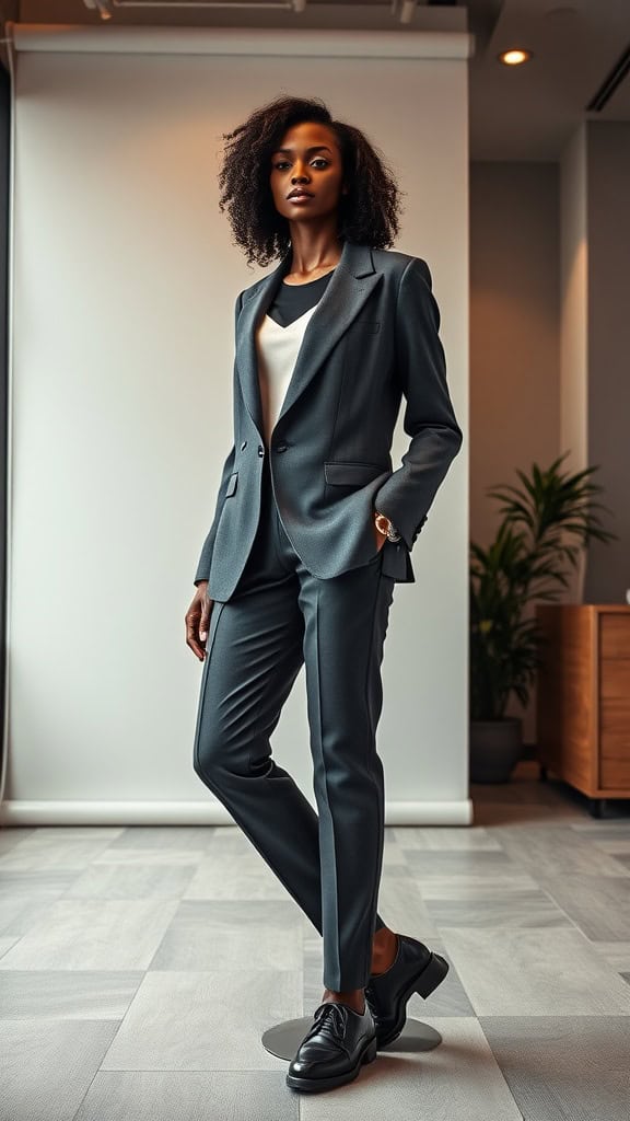 A stylish black woman in a sleek two-piece business suit, showcasing confidence and professionalism.