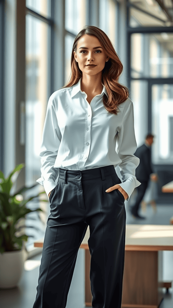 A woman wearing a tailored navy blazer and matching slacks, standing confidently with a beige blazer draped over her shoulder.