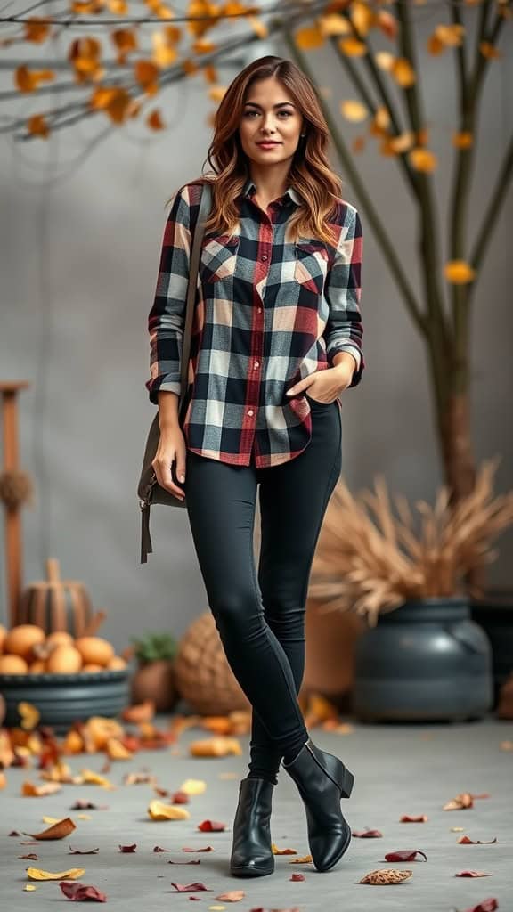 A woman wearing a plaid shirt and black leggings with ankle boots in an autumn setting.