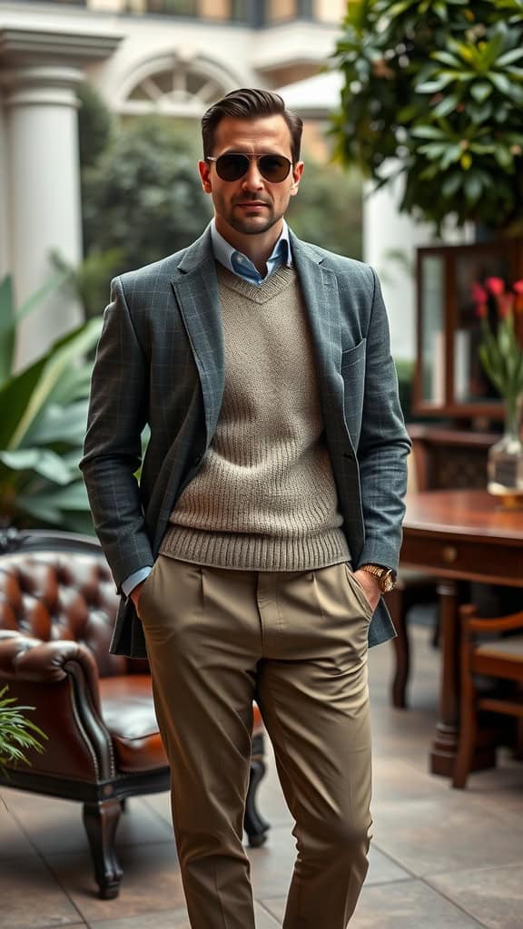 A man wearing a cashmere sweater over a polo shirt and tailored chinos, exuding classic old money style.