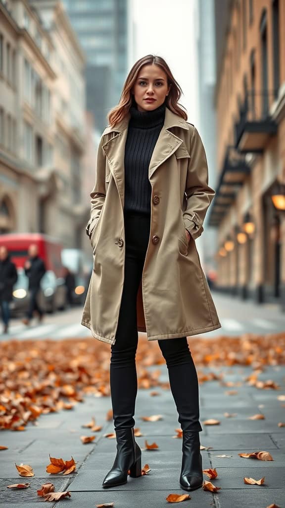 A woman wearing a classic trench coat over a black turtleneck and tailored pants, walking on a city street with fallen leaves.