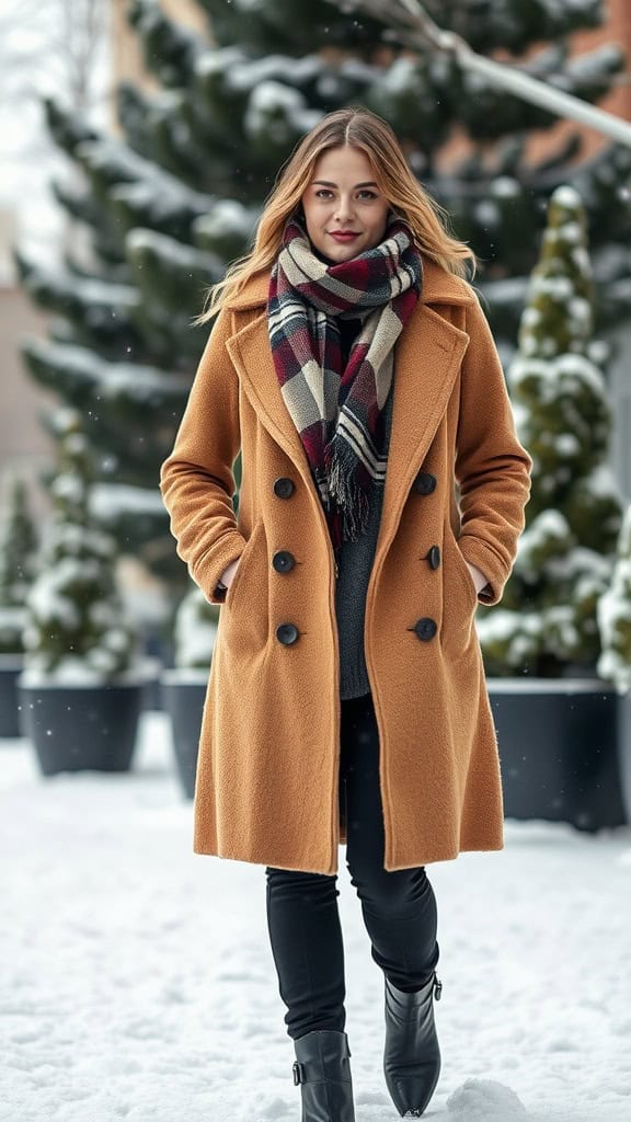 A woman wearing a stylish orange winter coat and plaid scarf in a snowy setting.