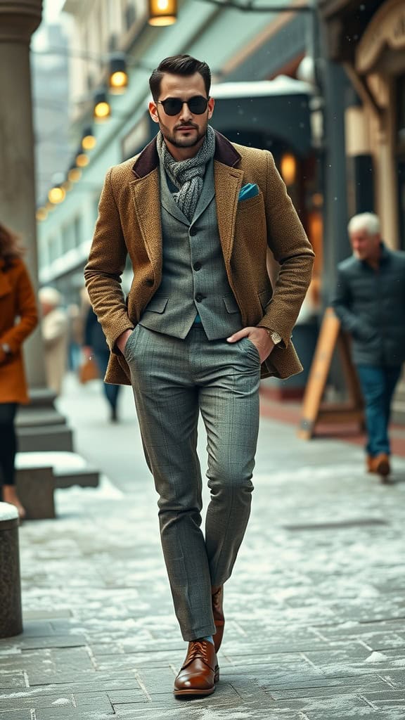 A man in a tweed blazer and wool pants walking in a snowy city street.