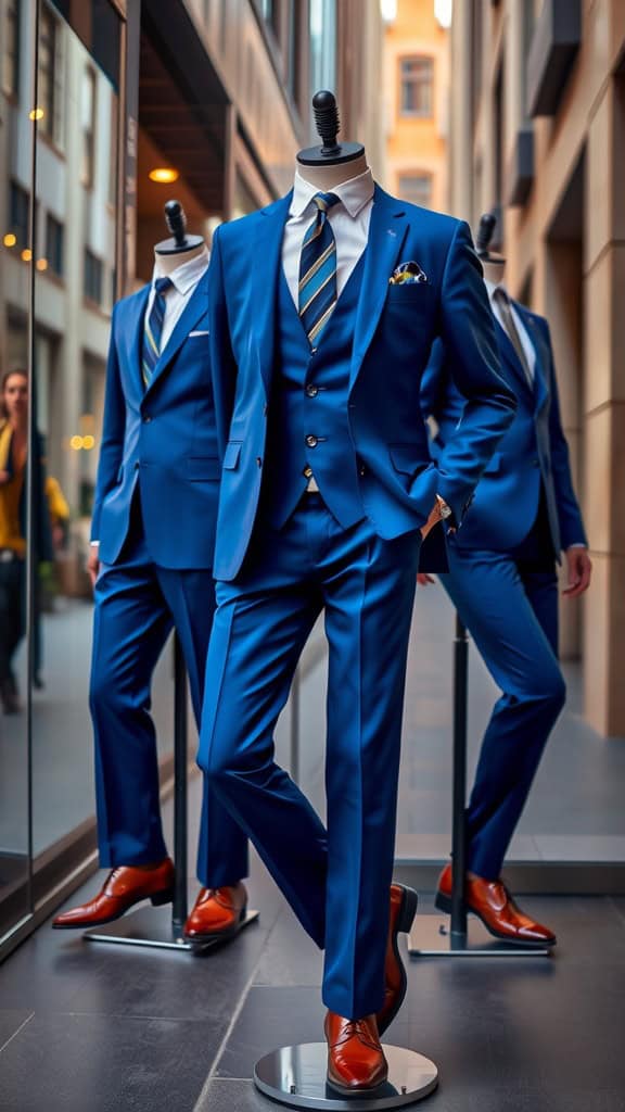 A vibrant cobalt blue suit displayed on a mannequin, featuring a contrasting pocket square and stylish brown shoes.