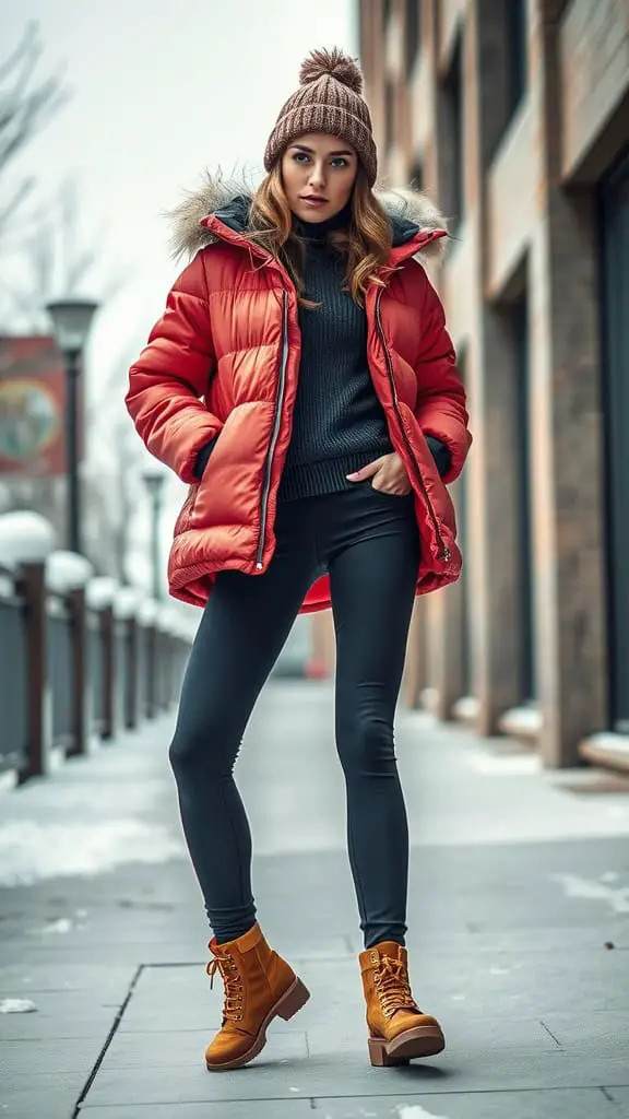 Woman in a red puffer jacket, black thermal leggings, and tan winter boots, posing outdoors.