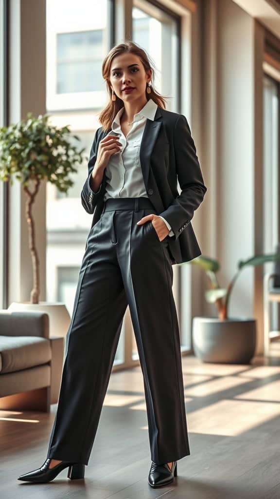 Woman wearing a collared shirt with wide-leg culottes in a modern office setting, showcasing a business casual outfit.