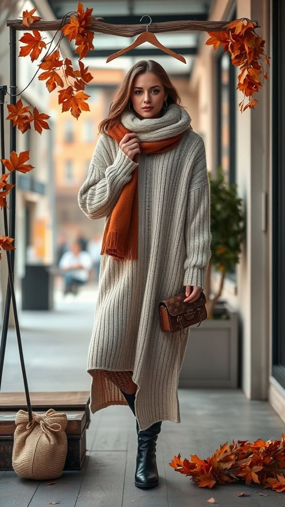 Model wearing a cozy knit sweater dress, paired with a scarf and knee-high boots, set against an autumn-themed background.