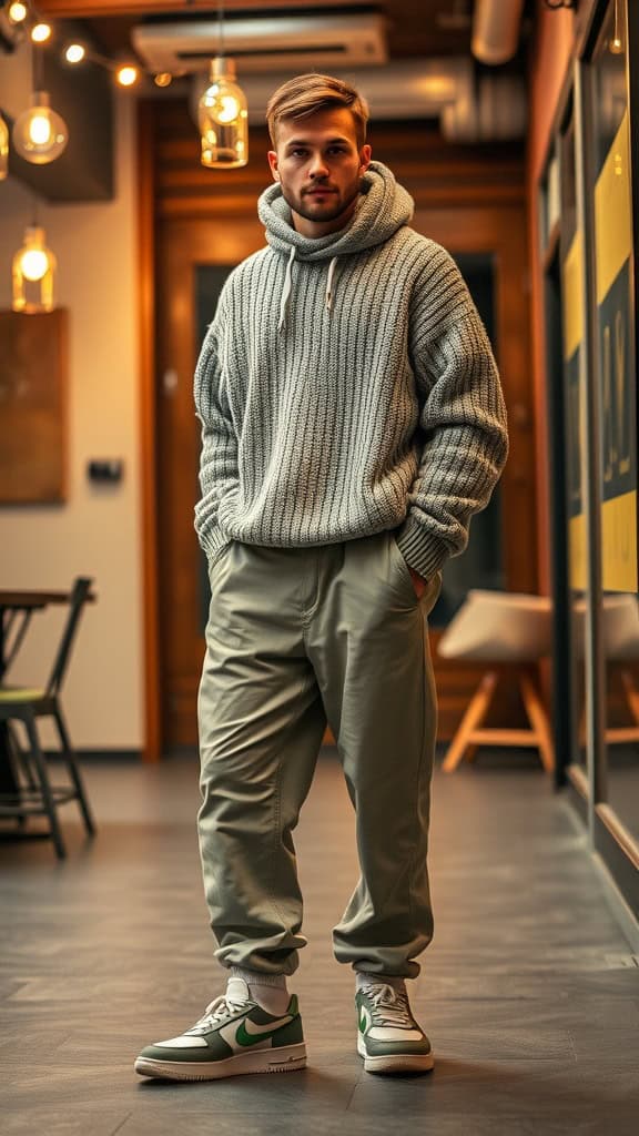 A man wearing a slouchy knit sweater and wide-leg chinos with slip-on sneakers, showcasing a comfy casual baggy outfit.