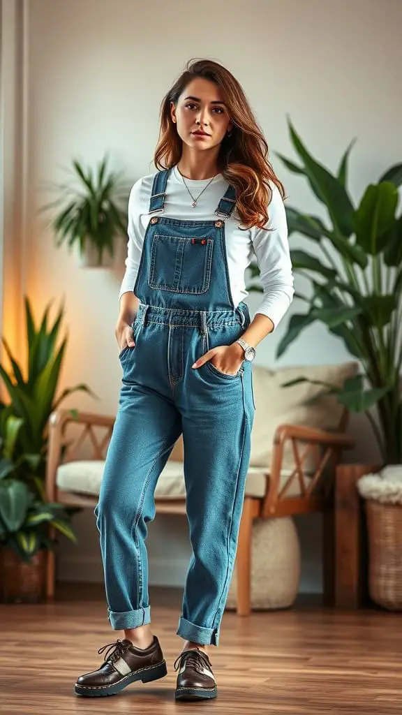 A young woman wearing denim overalls and a white long-sleeve tee, standing in a cozy, plant-filled room.