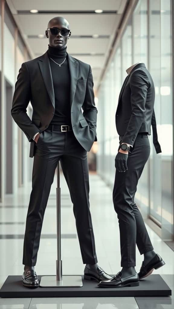 A mannequin dressed in a tailored black suit with a black turtleneck and loafers, showcasing a contemporary formal outfit.